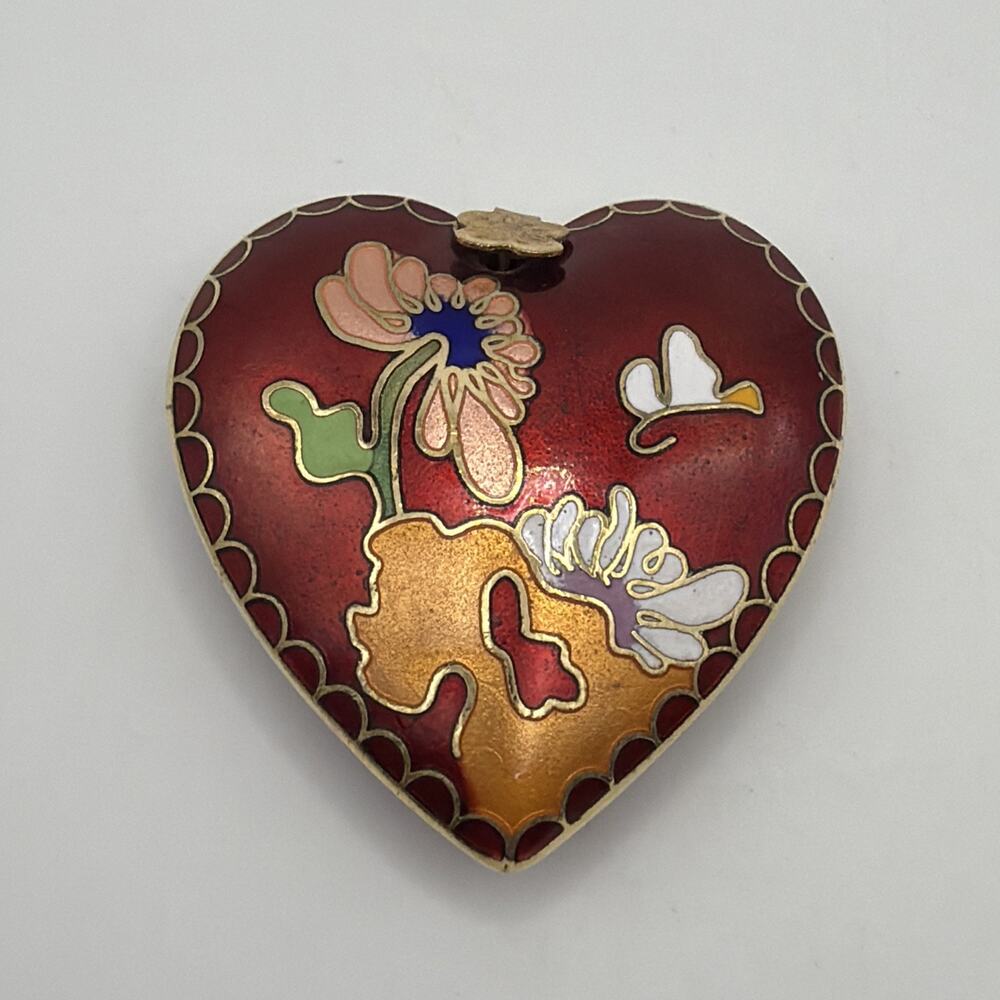 Vintage Cloisonné Metal Enamel Puffy Floral Heart Pendant Burgundy Gold Tone